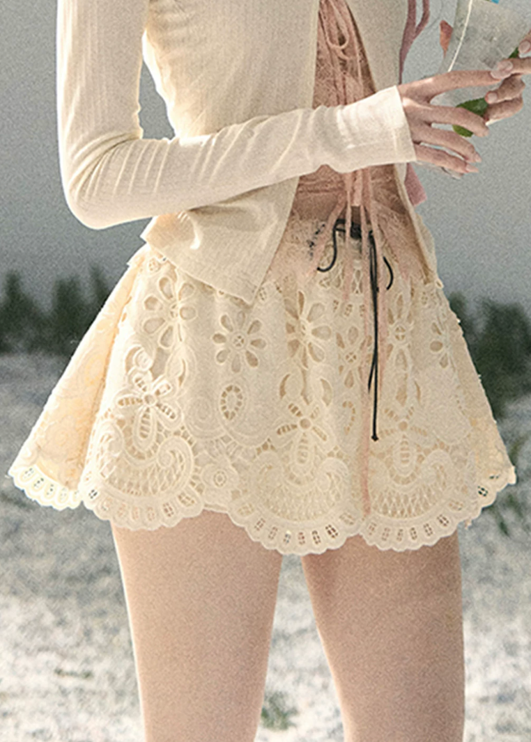 aomalm skirt, openwork mini skirt, floral lace skirt, french style mini skirt, feminine korean skirt, cotton summer skirt, puff mini skirt, embroidered mini skirt, romantic summer skirt, scalloped hem skirt, cute korean outfit, flower cutwork skirt