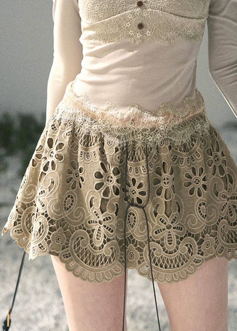 aomalm skirt, openwork mini skirt, floral lace skirt, french style mini skirt, feminine korean skirt, cotton summer skirt, puff mini skirt, embroidered mini skirt, romantic summer skirt, scalloped hem skirt, cute korean outfit, flower cutwork skirt