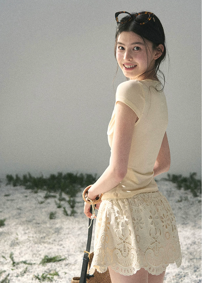 aomalm skirt, openwork mini skirt, floral lace skirt, french style mini skirt, feminine korean skirt, cotton summer skirt, puff mini skirt, embroidered mini skirt, romantic summer skirt, scalloped hem skirt, cute korean outfit, flower cutwork skirt