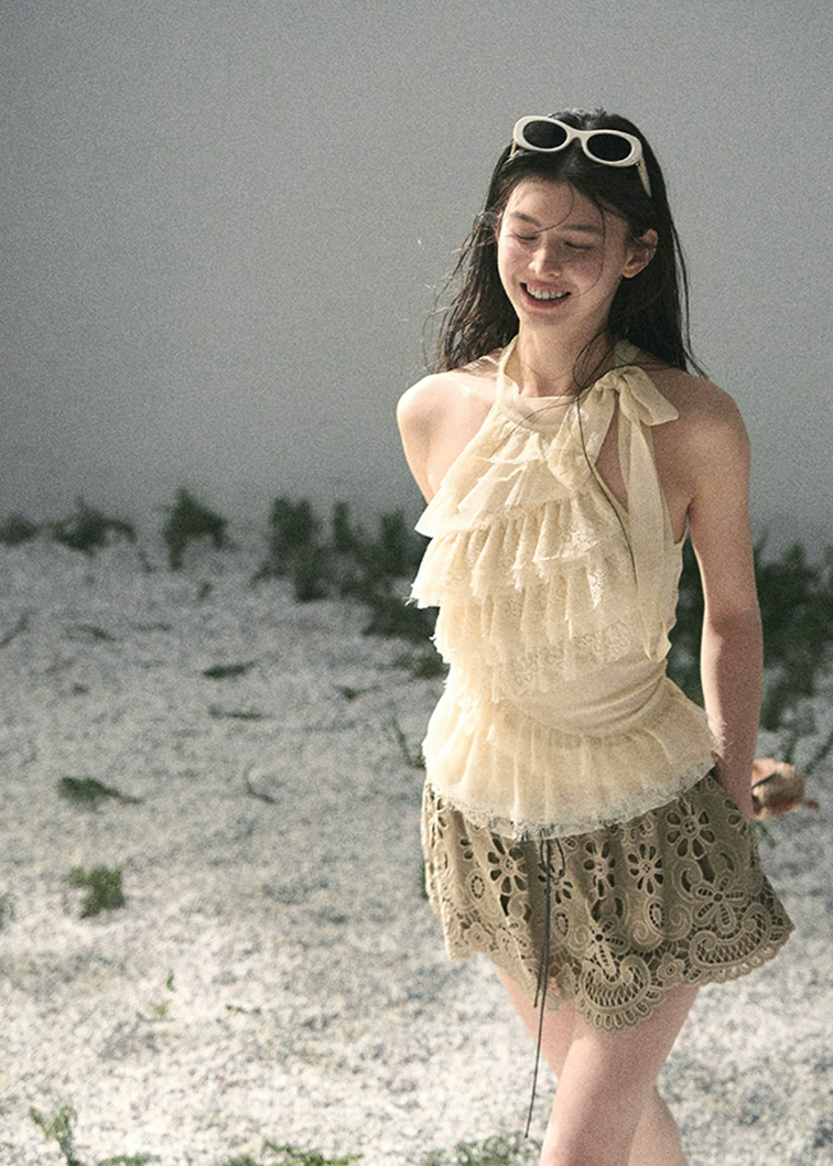 aomalm skirt, openwork mini skirt, floral lace skirt, french style mini skirt, feminine korean skirt, cotton summer skirt, puff mini skirt, embroidered mini skirt, romantic summer skirt, scalloped hem skirt, cute korean outfit, flower cutwork skirt