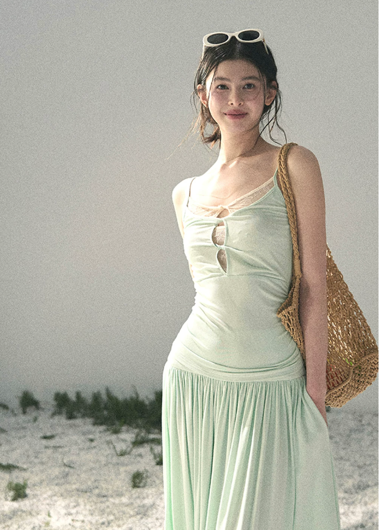 aomalm set, mint two piece set, korean fashion set, summer skirt set, modal top and skirt set, feminine korean outfit, romantic summer co ord, mint camisole set, long skirt set women, soft girl summer outfit, elegant summer set, vacation outfit women