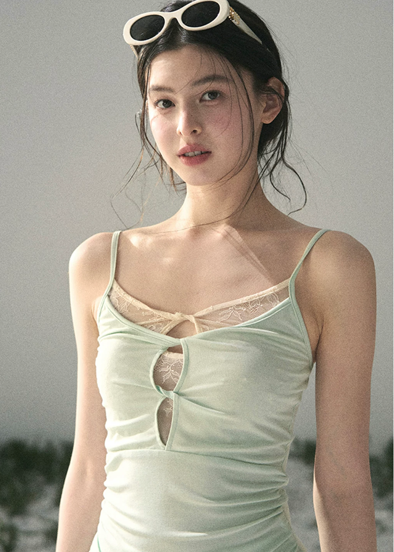 aomalm set, mint two piece set, korean fashion set, summer skirt set, modal top and skirt set, feminine korean outfit, romantic summer co ord, mint camisole set, long skirt set women, soft girl summer outfit, elegant summer set, vacation outfit women