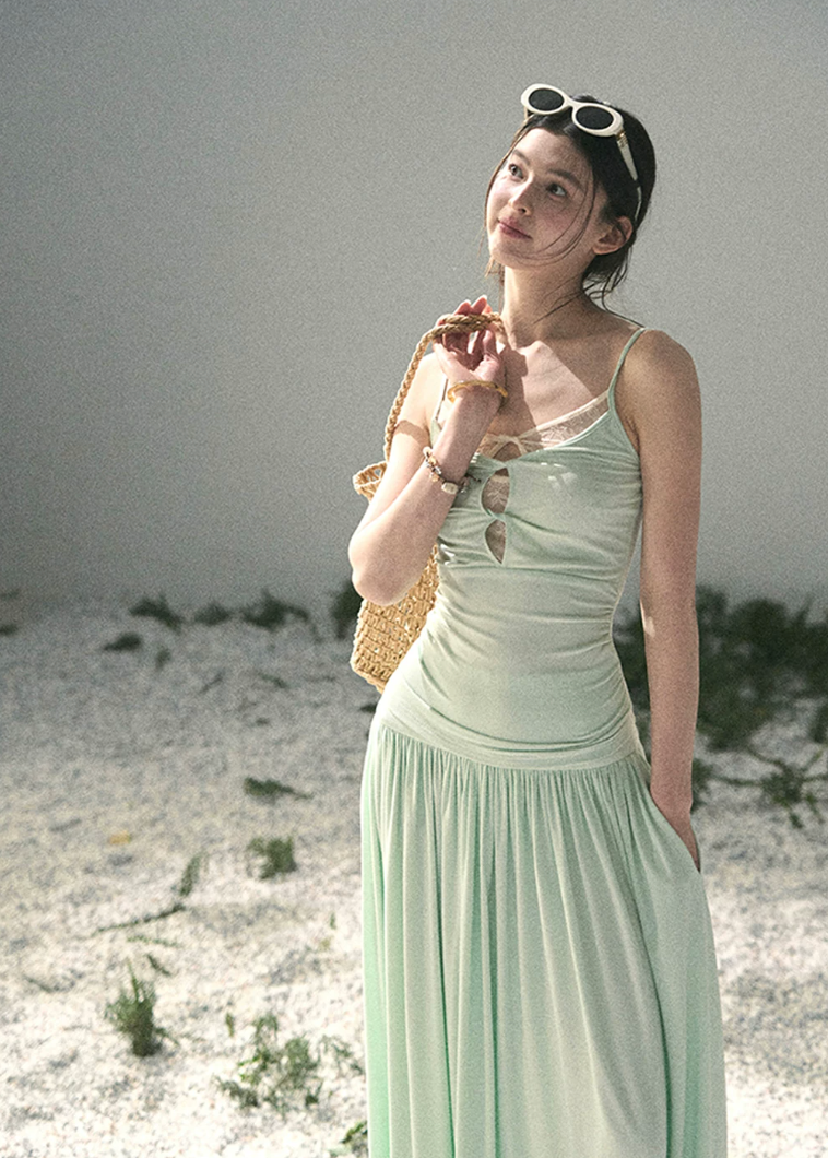 aomalm set, mint two piece set, korean fashion set, summer skirt set, modal top and skirt set, feminine korean outfit, romantic summer co ord, mint camisole set, long skirt set women, soft girl summer outfit, elegant summer set, vacation outfit women