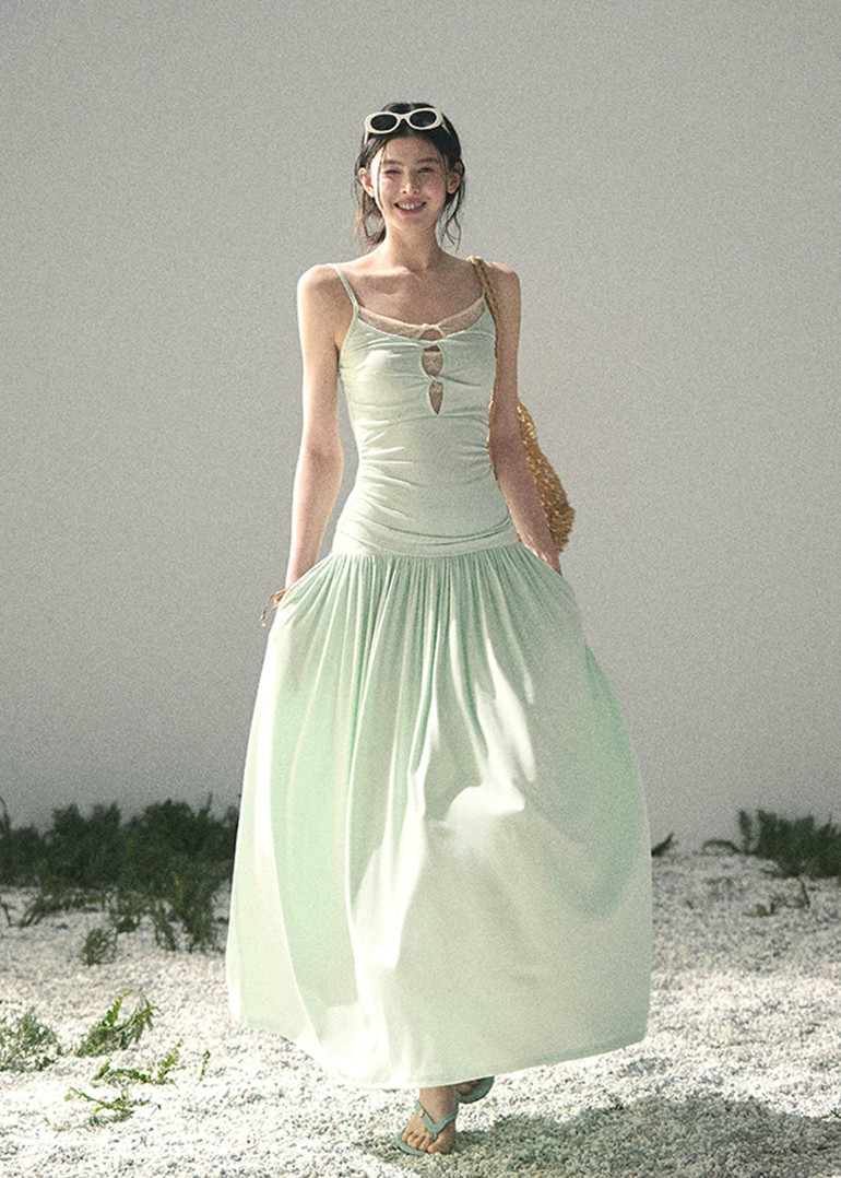 aomalm set, mint two piece set, korean fashion set, summer skirt set, modal top and skirt set, feminine korean outfit, romantic summer co ord, mint camisole set, long skirt set women, soft girl summer outfit, elegant summer set, vacation outfit women