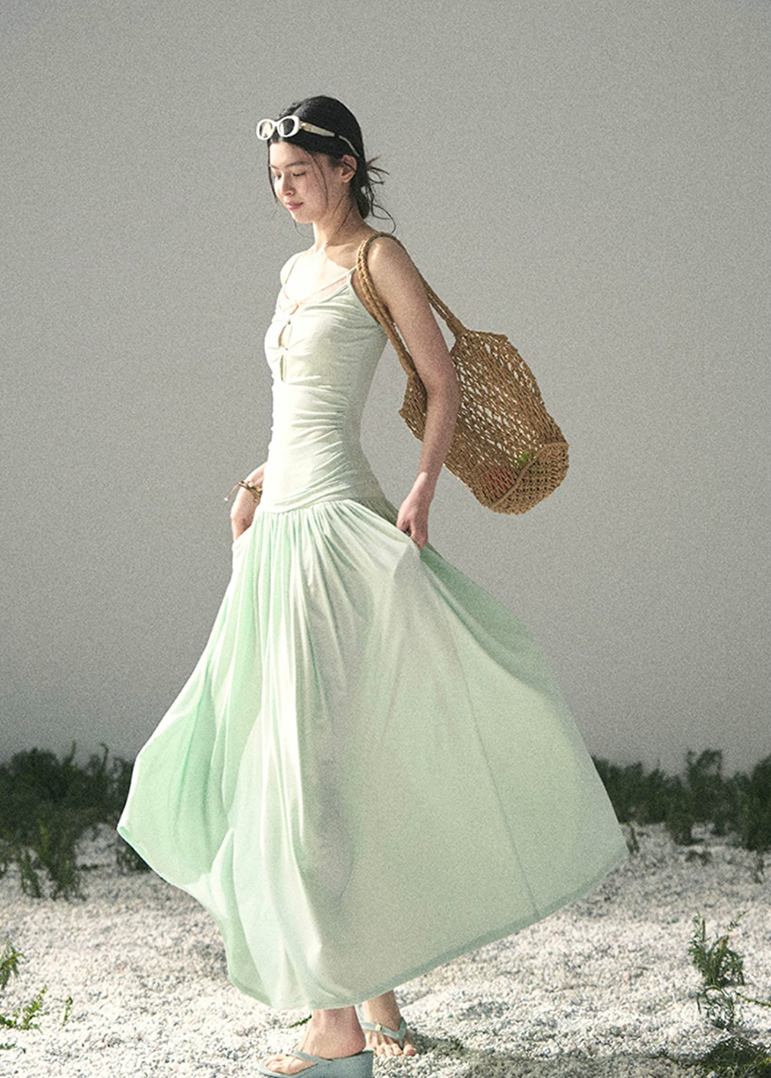 aomalm set, mint two piece set, korean fashion set, summer skirt set, modal top and skirt set, feminine korean outfit, romantic summer co ord, mint camisole set, long skirt set women, soft girl summer outfit, elegant summer set, vacation outfit women