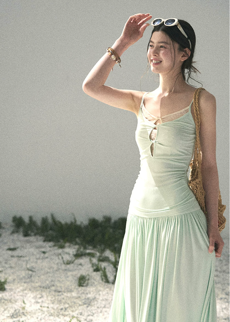 aomalm set, mint two piece set, korean fashion set, summer skirt set, modal top and skirt set, feminine korean outfit, romantic summer co ord, mint camisole set, long skirt set women, soft girl summer outfit, elegant summer set, vacation outfit women