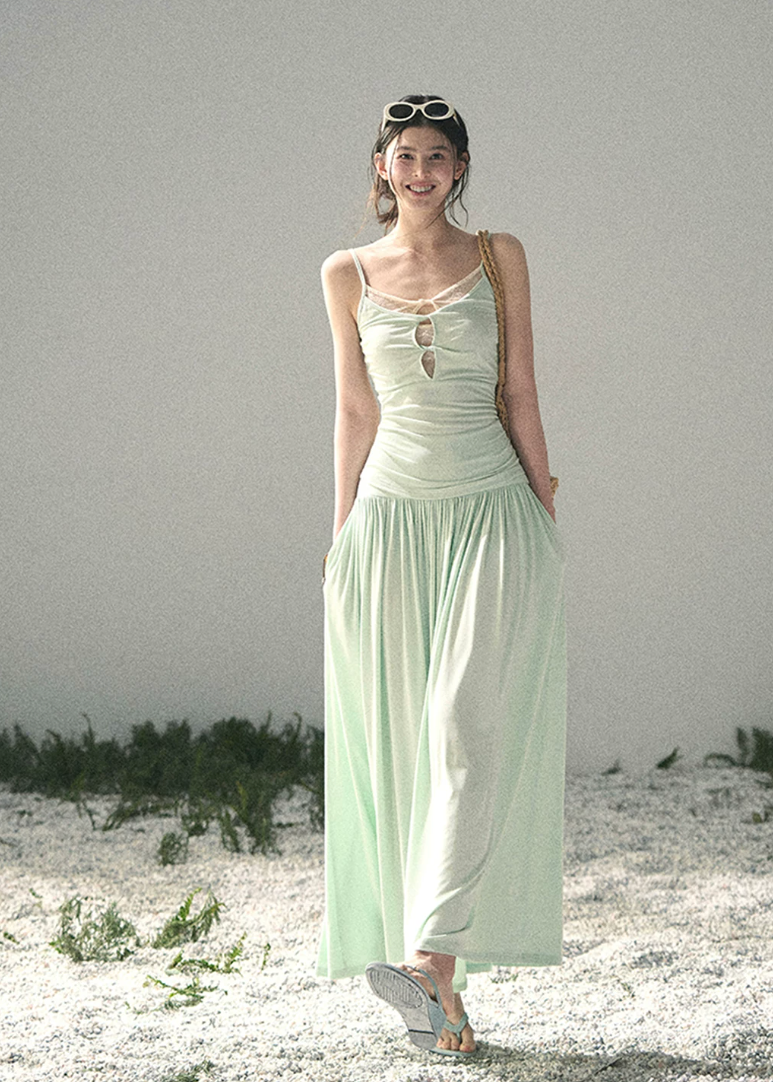 aomalm set, mint two piece set, korean fashion set, summer skirt set, modal top and skirt set, feminine korean outfit, romantic summer co ord, mint camisole set, long skirt set women, soft girl summer outfit, elegant summer set, vacation outfit women
