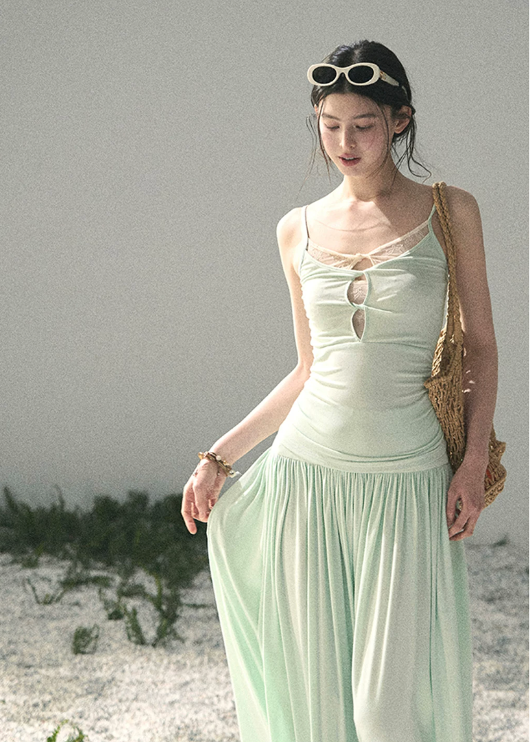 aomalm set, mint two piece set, korean fashion set, summer skirt set, modal top and skirt set, feminine korean outfit, romantic summer co ord, mint camisole set, long skirt set women, soft girl summer outfit, elegant summer set, vacation outfit women