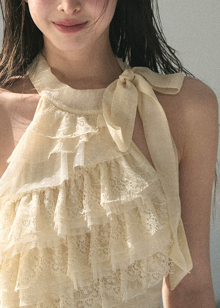 aomalm top, ruffle halter top, embroidered tulle top, feminine korean top, french lace summer top, romantic summer blouse, sleeveless lace top, tulle halter blouse, korean fashion top, soft girl summer outfit, vacation top women, delicate lace blouse