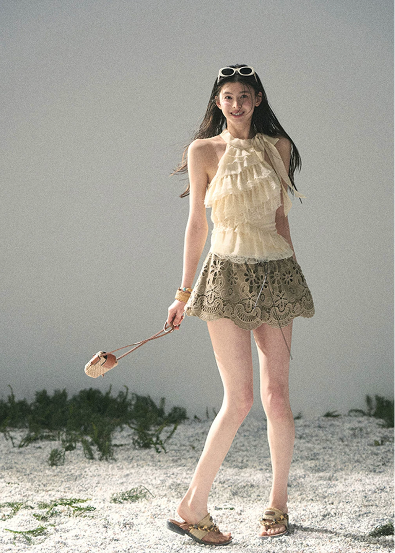 aomalm top, ruffle halter top, embroidered tulle top, feminine korean top, french lace summer top, romantic summer blouse, sleeveless lace top, tulle halter blouse, korean fashion top, soft girl summer outfit, vacation top women, delicate lace blouse
