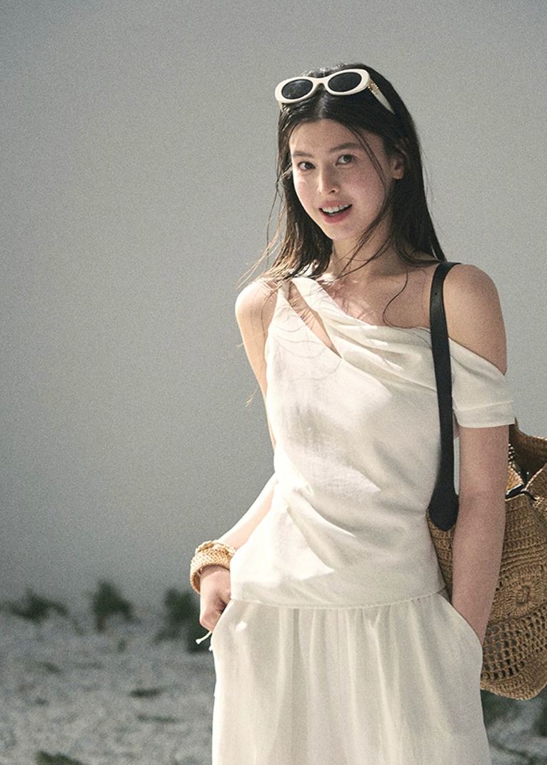 aomalm set, white two piece set, minimalist summer set, korean fashion set, asymmetric top set, wide leg trouser set, lyocell linen set, feminine korean outfit, white co ord set, elegant summer outfit, vacation set women, draped top and pants set