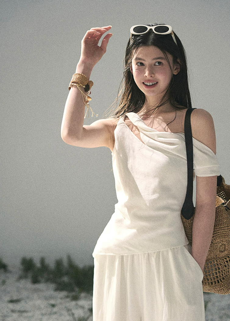 aomalm set, white two piece set, minimalist summer set, korean fashion set, asymmetric top set, wide leg trouser set, lyocell linen set, feminine korean outfit, white co ord set, elegant summer outfit, vacation set women, draped top and pants set
