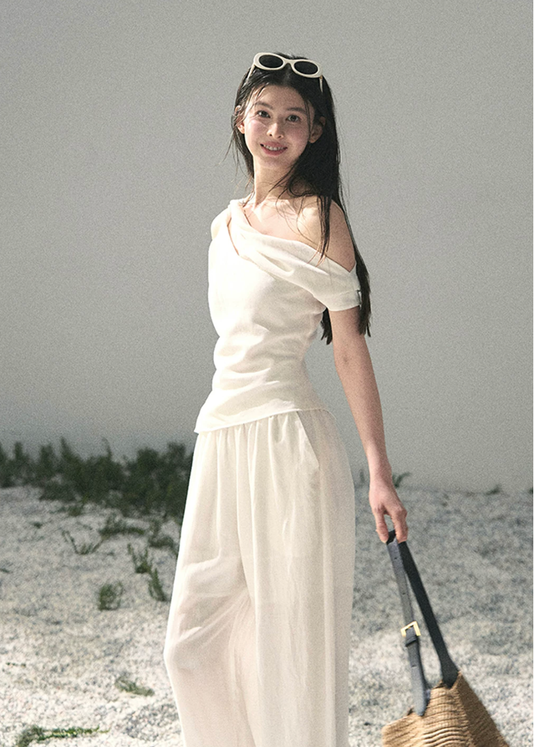 aomalm set, white two piece set, minimalist summer set, korean fashion set, asymmetric top set, wide leg trouser set, lyocell linen set, feminine korean outfit, white co ord set, elegant summer outfit, vacation set women, draped top and pants set