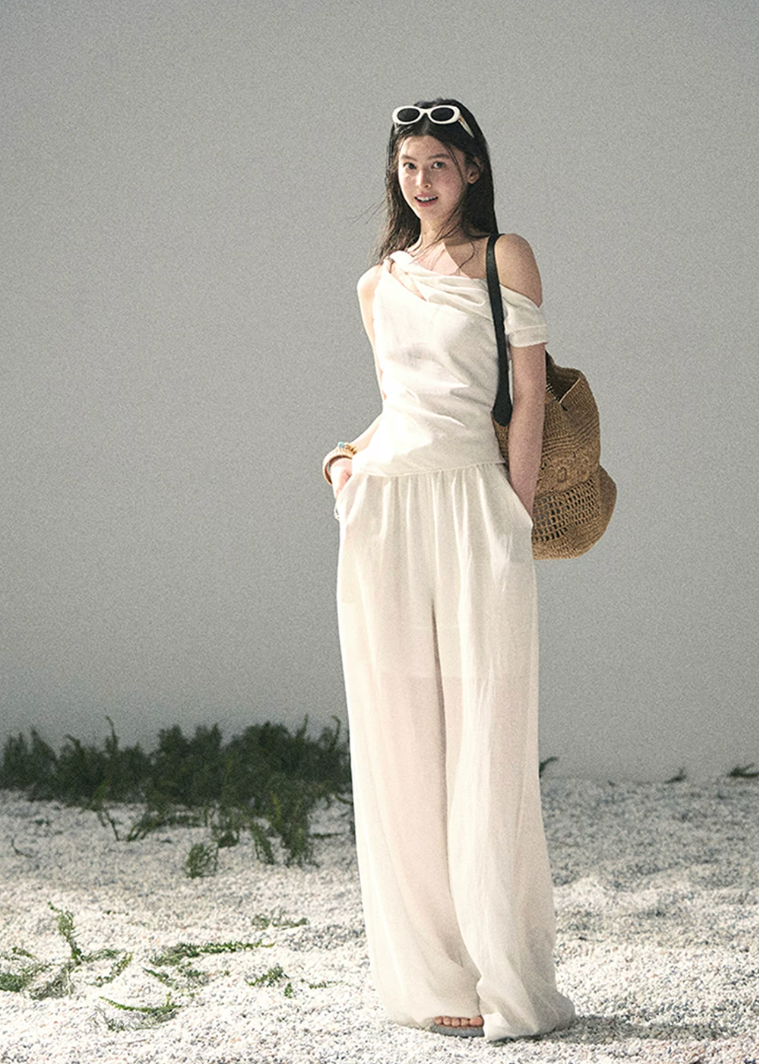 aomalm set, white two piece set, minimalist summer set, korean fashion set, asymmetric top set, wide leg trouser set, lyocell linen set, feminine korean outfit, white co ord set, elegant summer outfit, vacation set women, draped top and pants set