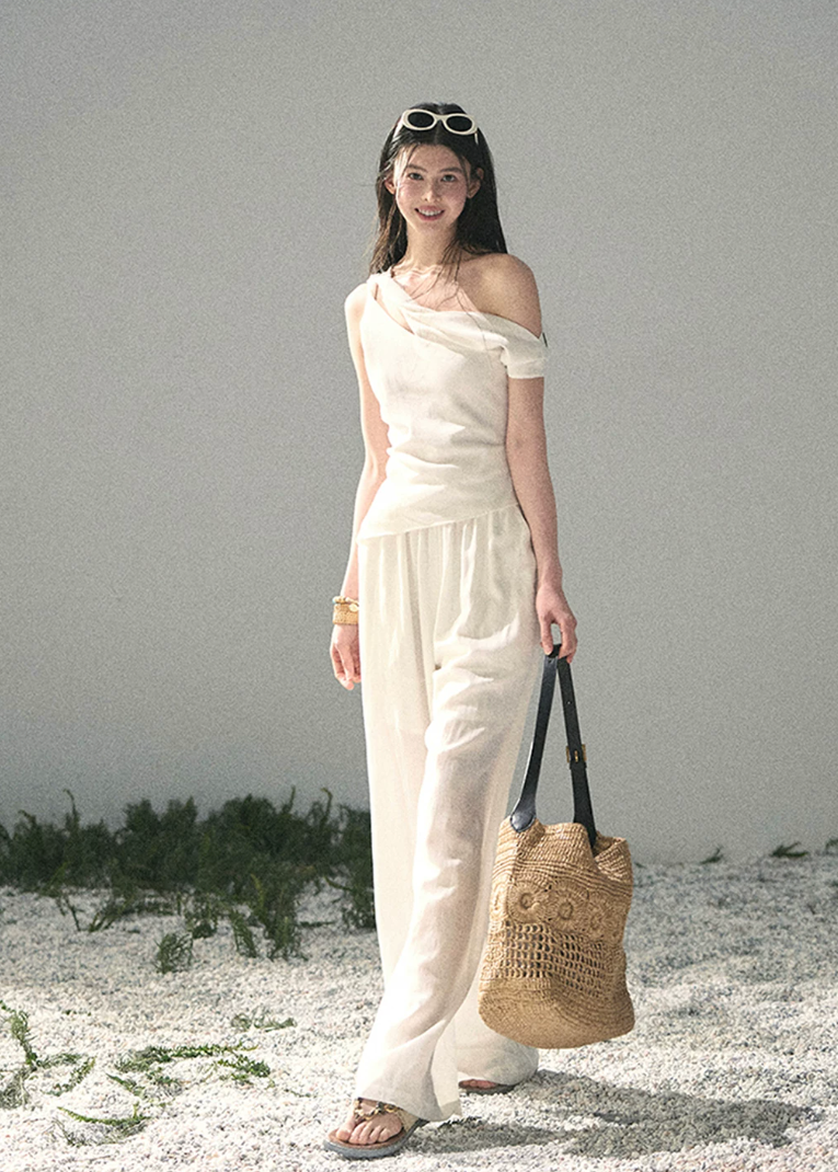 aomalm set, white two piece set, minimalist summer set, korean fashion set, asymmetric top set, wide leg trouser set, lyocell linen set, feminine korean outfit, white co ord set, elegant summer outfit, vacation set women, draped top and pants set