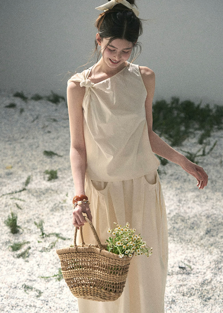 aomalm set, ivory two piece set, cotton linen skirt set, korean fashion set, sleeveless top and skirt set, feminine summer outfit, minimalist summer set, long skirt co ord, elegant summer set women, korean style two piece, vacation outfit women, soft ivory skirt set