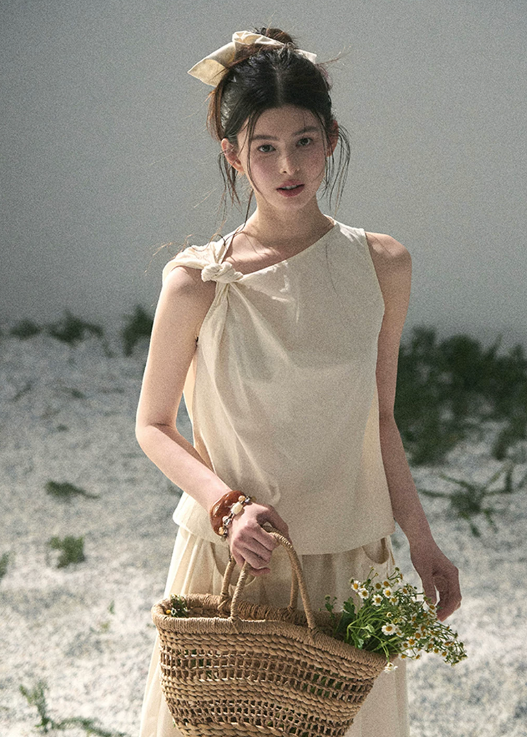 aomalm set, ivory two piece set, cotton linen skirt set, korean fashion set, sleeveless top and skirt set, feminine summer outfit, minimalist summer set, long skirt co ord, elegant summer set women, korean style two piece, vacation outfit women, soft ivory skirt set