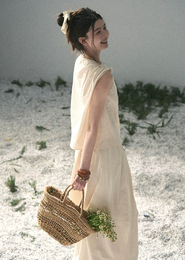 aomalm set, ivory two piece set, cotton linen skirt set, korean fashion set, sleeveless top and skirt set, feminine summer outfit, minimalist summer set, long skirt co ord, elegant summer set women, korean style two piece, vacation outfit women, soft ivory skirt set