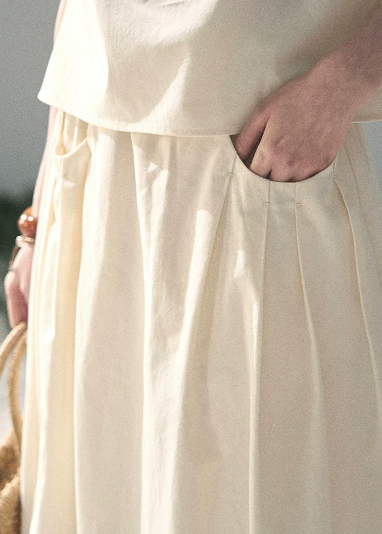 aomalm set, ivory two piece set, cotton linen skirt set, korean fashion set, sleeveless top and skirt set, feminine summer outfit, minimalist summer set, long skirt co ord, elegant summer set women, korean style two piece, vacation outfit women, soft ivory skirt set