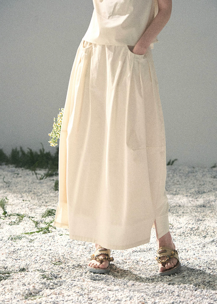 aomalm set, ivory two piece set, cotton linen skirt set, korean fashion set, sleeveless top and skirt set, feminine summer outfit, minimalist summer set, long skirt co ord, elegant summer set women, korean style two piece, vacation outfit women, soft ivory skirt set