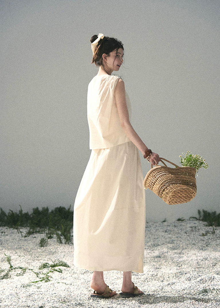 aomalm set, ivory two piece set, cotton linen skirt set, korean fashion set, sleeveless top and skirt set, feminine summer outfit, minimalist summer set, long skirt co ord, elegant summer set women, korean style two piece, vacation outfit women, soft ivory skirt set