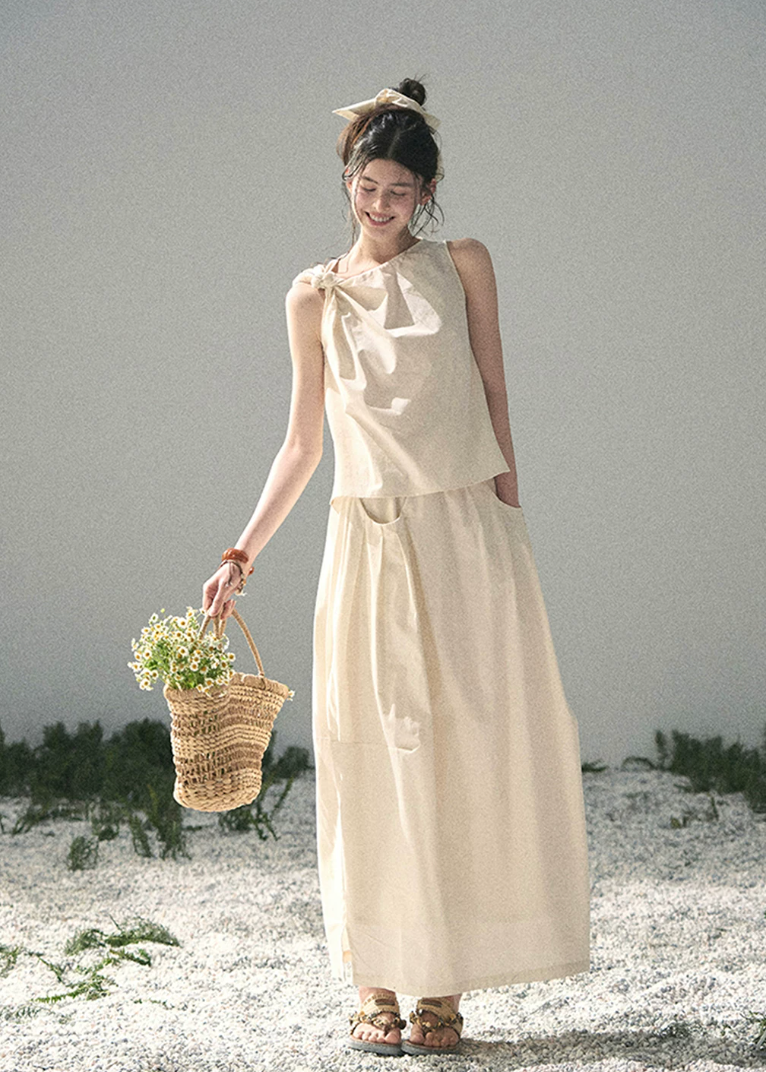 aomalm set, ivory two piece set, cotton linen skirt set, korean fashion set, sleeveless top and skirt set, feminine summer outfit, minimalist summer set, long skirt co ord, elegant summer set women, korean style two piece, vacation outfit women, soft ivory skirt set