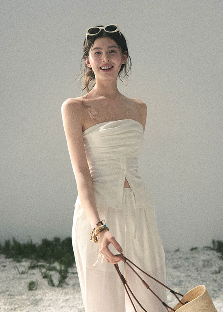 aomalm set, white two piece set, strapless top and pants set, tencel linen set, korean fashion set, feminine summer outfit, elegant summer co ord, white trouser set, minimal summer set, vacation outfit women, relaxed wide leg pants set, soft white summer set
