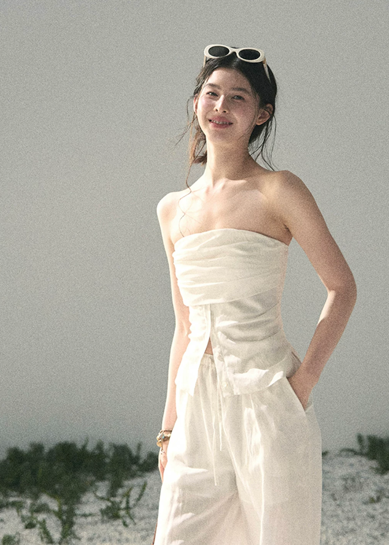 aomalm set, white two piece set, strapless top and pants set, tencel linen set, korean fashion set, feminine summer outfit, elegant summer co ord, white trouser set, minimal summer set, vacation outfit women, relaxed wide leg pants set, soft white summer set