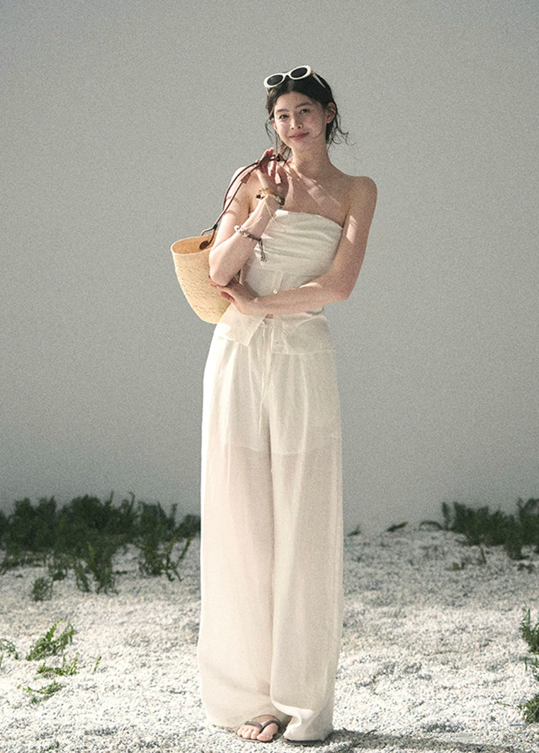 aomalm set, white two piece set, strapless top and pants set, tencel linen set, korean fashion set, feminine summer outfit, elegant summer co ord, white trouser set, minimal summer set, vacation outfit women, relaxed wide leg pants set, soft white summer set