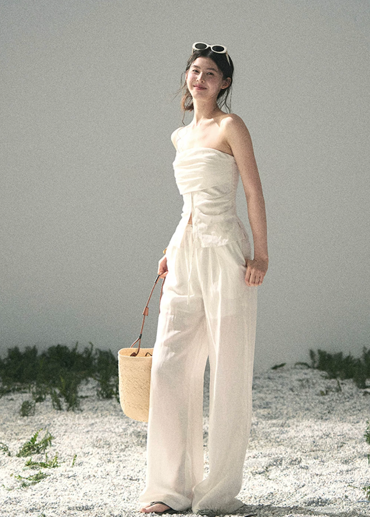 aomalm set, white two piece set, strapless top and pants set, tencel linen set, korean fashion set, feminine summer outfit, elegant summer co ord, white trouser set, minimal summer set, vacation outfit women, relaxed wide leg pants set, soft white summer set