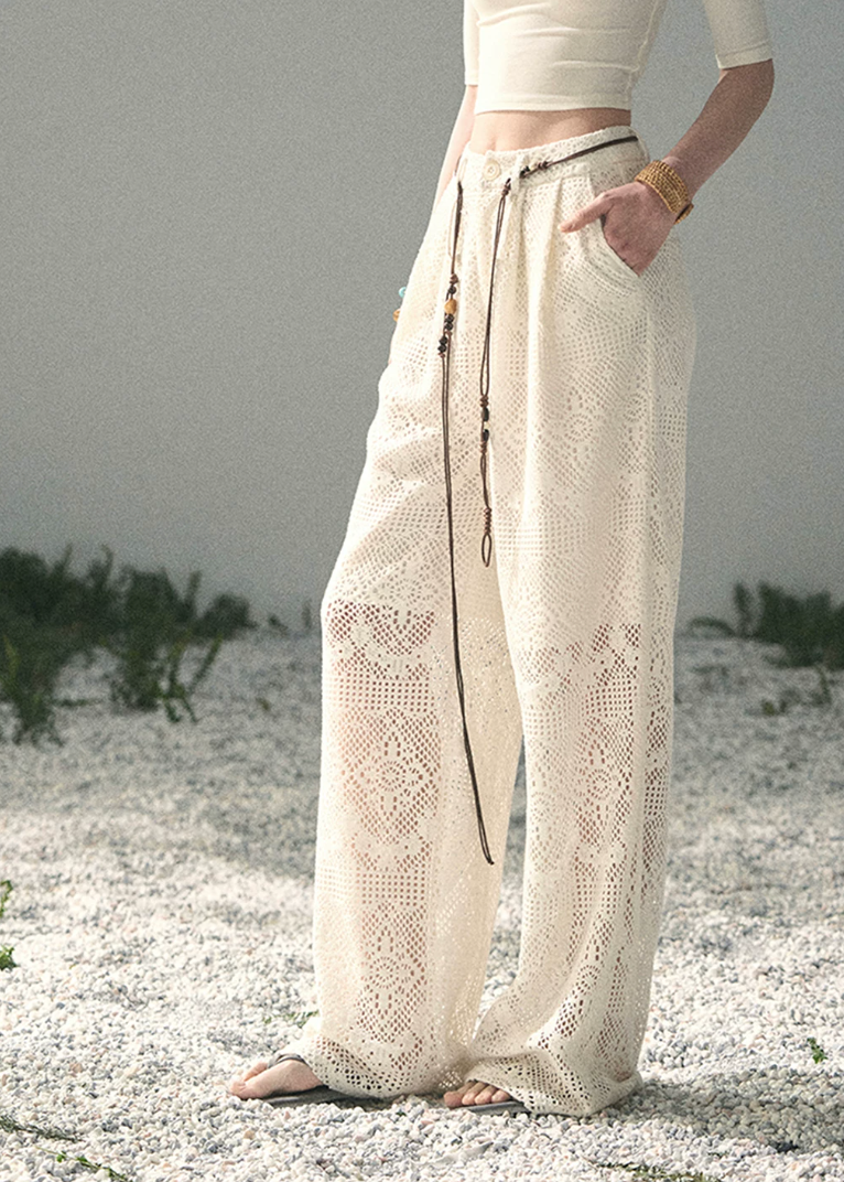 aomalm pants, openwork wide leg pants, ivory crochet pants, korean fashion pants, feminine summer trousers, hollow lace pants women, loose straight pants, vacation pants women, beach cover up pants, romantic summer outfit, soft girl summer pants, breathable wide leg trousers
