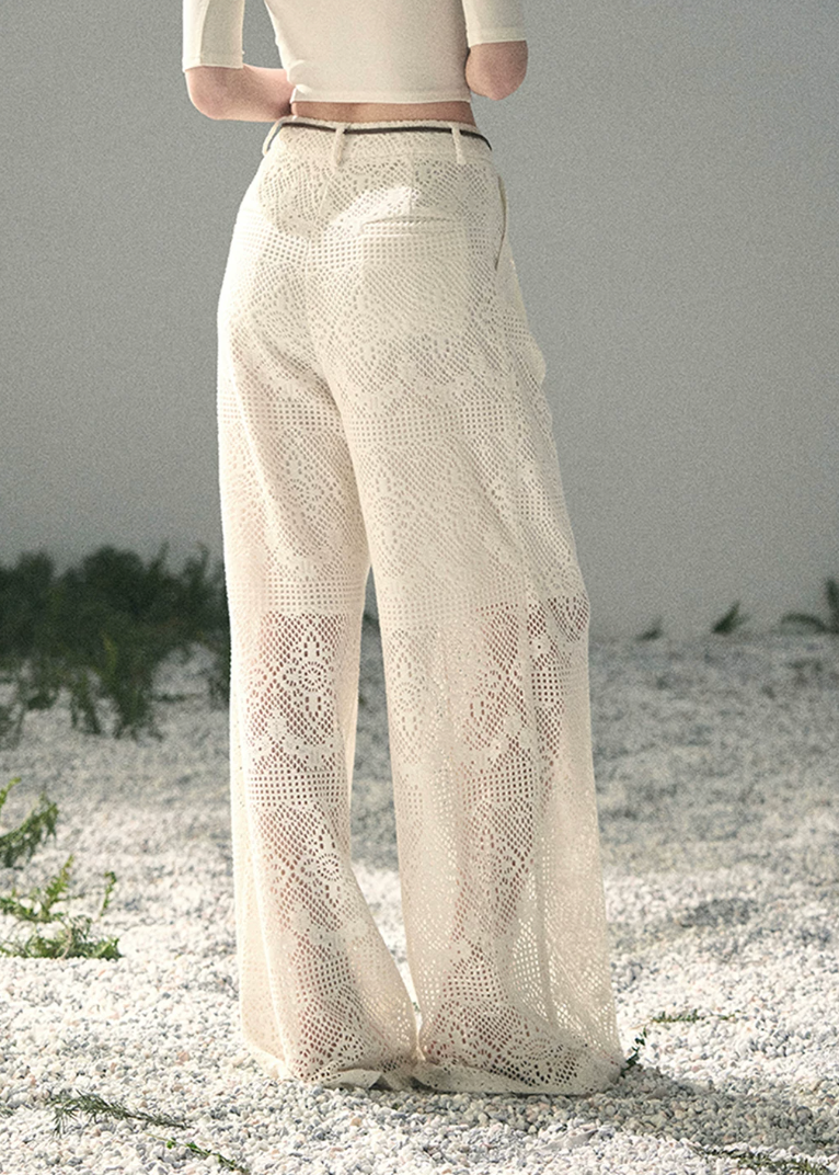 aomalm pants, openwork wide leg pants, ivory crochet pants, korean fashion pants, feminine summer trousers, hollow lace pants women, loose straight pants, vacation pants women, beach cover up pants, romantic summer outfit, soft girl summer pants, breathable wide leg trousers