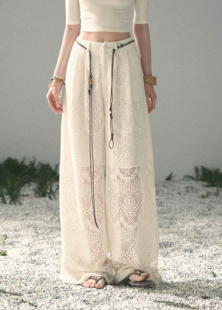 aomalm pants, openwork wide leg pants, ivory crochet pants, korean fashion pants, feminine summer trousers, hollow lace pants women, loose straight pants, vacation pants women, beach cover up pants, romantic summer outfit, soft girl summer pants, breathable wide leg trousers