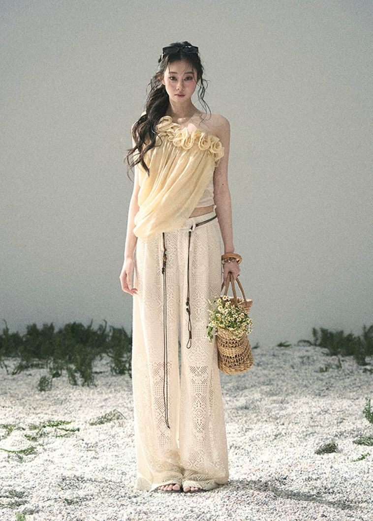 aomalm pants, openwork wide leg pants, ivory crochet pants, korean fashion pants, feminine summer trousers, hollow lace pants women, loose straight pants, vacation pants women, beach cover up pants, romantic summer outfit, soft girl summer pants, breathable wide leg trousers