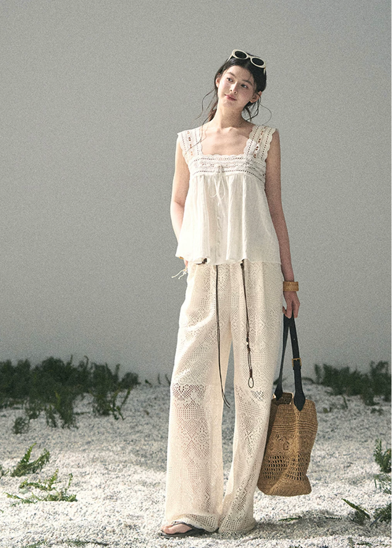 aomalm pants, openwork wide leg pants, ivory crochet pants, korean fashion pants, feminine summer trousers, hollow lace pants women, loose straight pants, vacation pants women, beach cover up pants, romantic summer outfit, soft girl summer pants, breathable wide leg trousers
