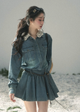 aomalm denim dress, lace collar denim dress, korean mini dress, denim shirt dress women, workwear style dress, feminine denim dress, vintage inspired mini dress, blue casual dress, long sleeve denim dress, korean fashion dress, cute utility dress, spring denim mini dress