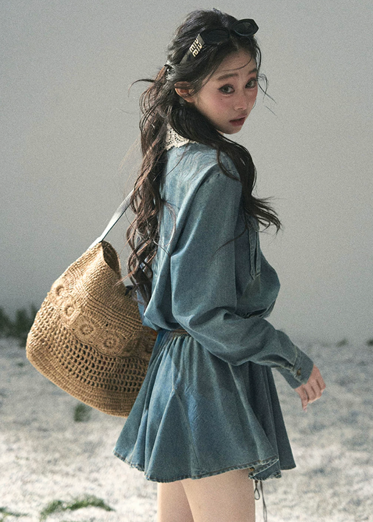 aomalm denim dress, lace collar denim dress, korean mini dress, denim shirt dress women, workwear style dress, feminine denim dress, vintage inspired mini dress, blue casual dress, long sleeve denim dress, korean fashion dress, cute utility dress, spring denim mini dress
