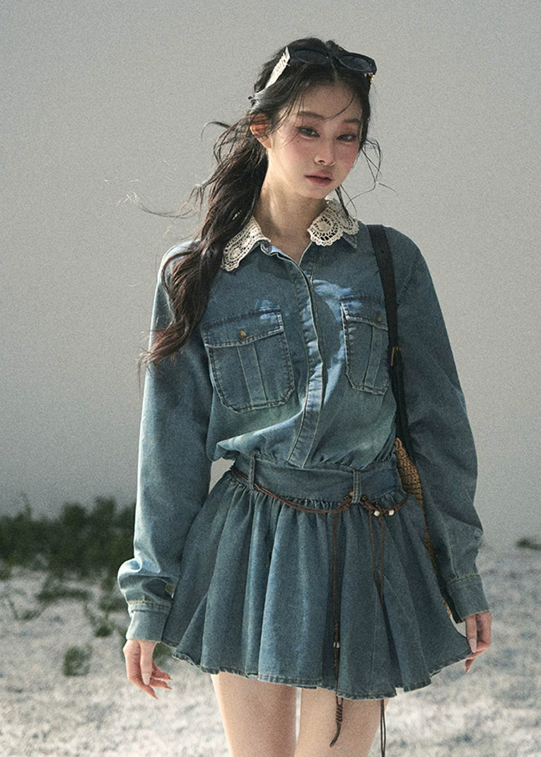 aomalm denim dress, lace collar denim dress, korean mini dress, denim shirt dress women, workwear style dress, feminine denim dress, vintage inspired mini dress, blue casual dress, long sleeve denim dress, korean fashion dress, cute utility dress, spring denim mini dress