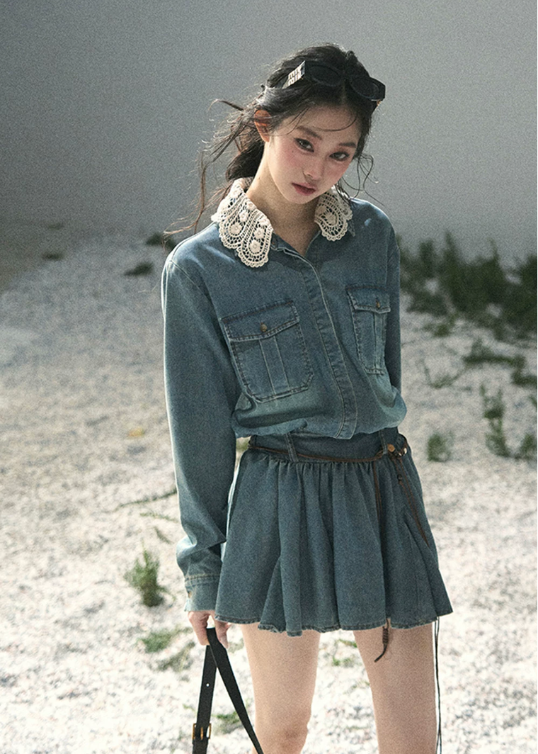 aomalm denim dress, lace collar denim dress, korean mini dress, denim shirt dress women, workwear style dress, feminine denim dress, vintage inspired mini dress, blue casual dress, long sleeve denim dress, korean fashion dress, cute utility dress, spring denim mini dress
