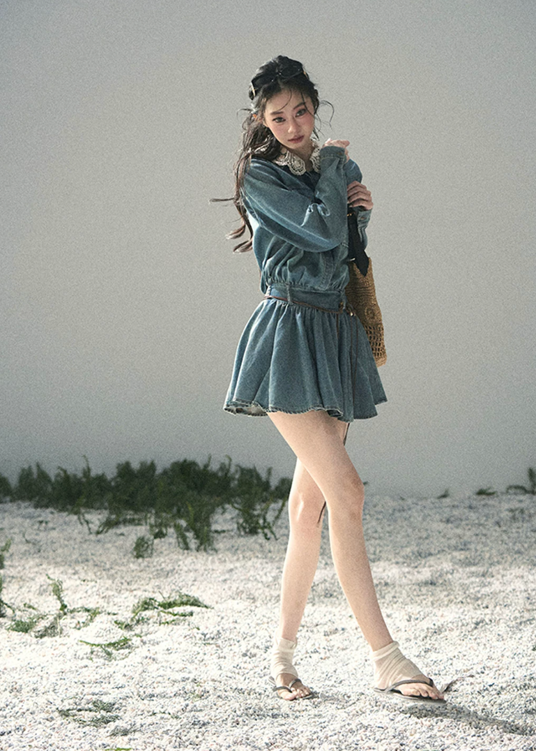 aomalm denim dress, lace collar denim dress, korean mini dress, denim shirt dress women, workwear style dress, feminine denim dress, vintage inspired mini dress, blue casual dress, long sleeve denim dress, korean fashion dress, cute utility dress, spring denim mini dress