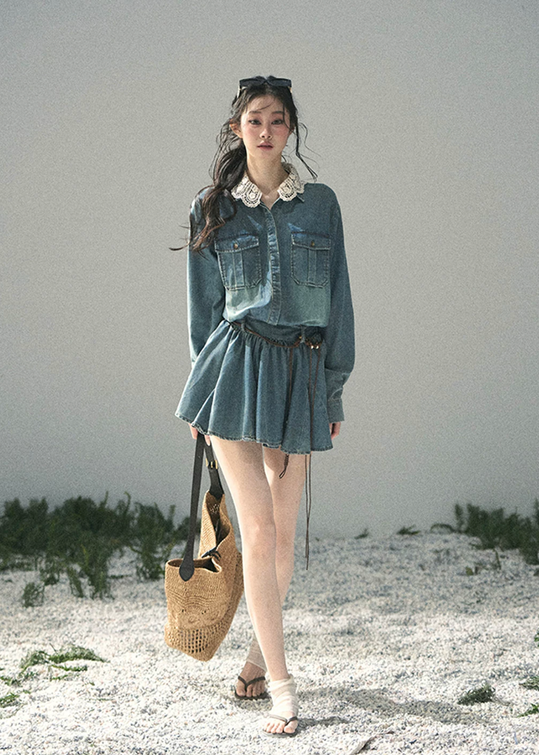 aomalm denim dress, lace collar denim dress, korean mini dress, denim shirt dress women, workwear style dress, feminine denim dress, vintage inspired mini dress, blue casual dress, long sleeve denim dress, korean fashion dress, cute utility dress, spring denim mini dress