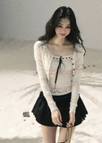 aomalm top set, lace cardigan and cami set, korean lace top, feminine summer top, french lace cropped top, ribbon bow cami top, romantic two piece top, ivory lace cardigan, square neck cami set, korean fashion top set, delicate lace summer outfit, layered lace top women