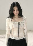 aomalm top set, lace cardigan and cami set, korean lace top, feminine summer top, french lace cropped top, ribbon bow cami top, romantic two piece top, ivory lace cardigan, square neck cami set, korean fashion top set, delicate lace summer outfit, layered lace top women