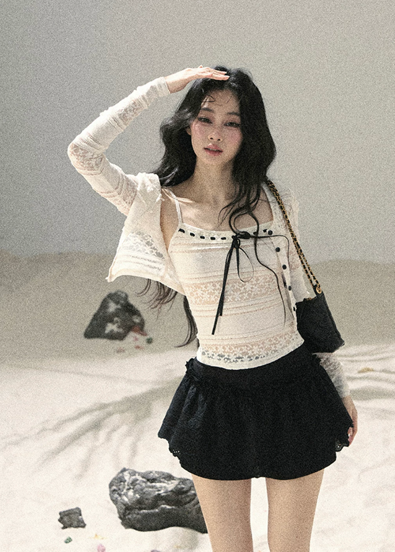 aomalm top set, lace cardigan and cami set, korean lace top, feminine summer top, french lace cropped top, ribbon bow cami top, romantic two piece top, ivory lace cardigan, square neck cami set, korean fashion top set, delicate lace summer outfit, layered lace top women