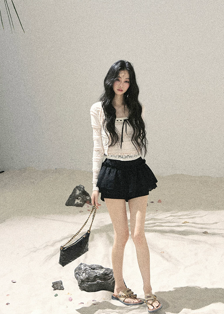 aomalm top set, lace cardigan and cami set, korean lace top, feminine summer top, french lace cropped top, ribbon bow cami top, romantic two piece top, ivory lace cardigan, square neck cami set, korean fashion top set, delicate lace summer outfit, layered lace top women
