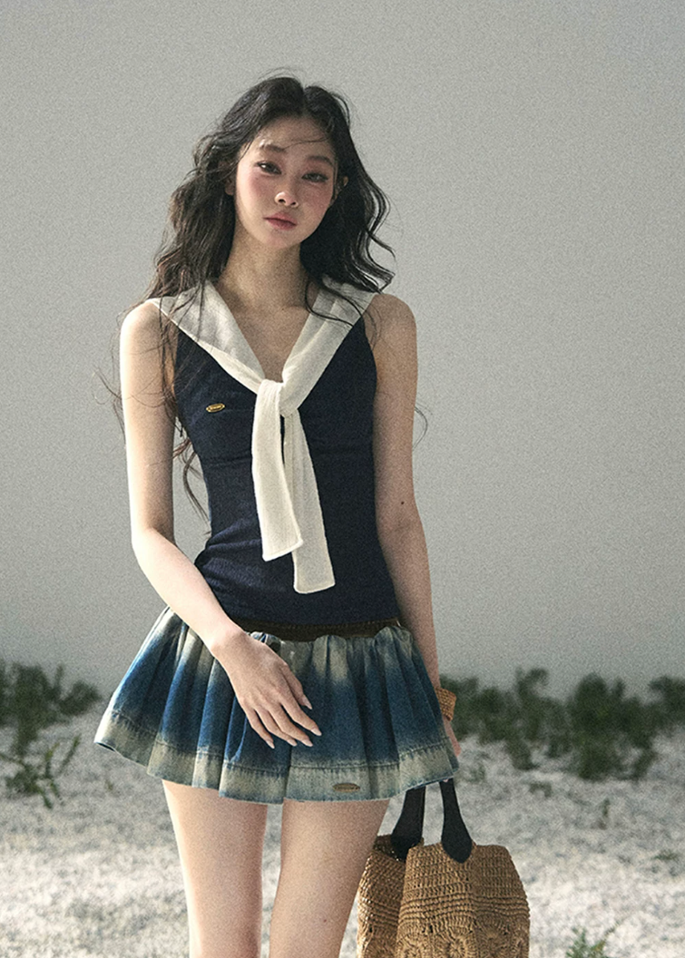 aomalm top, navy sleeveless top, collegiate style top, korean fashion top, layered look top, scarf neck top, slim fit summer top, feminine navy top, cropped summer top, korean summer outfit, elegant casual top, sleeveless knit top women