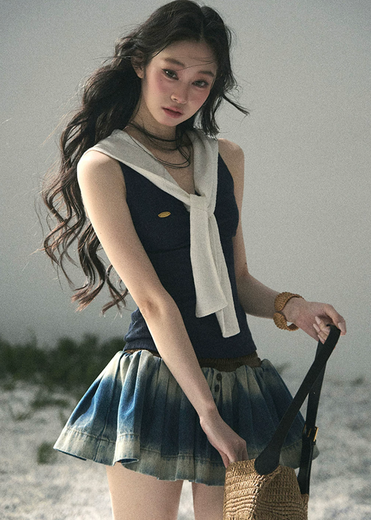aomalm top, navy sleeveless top, collegiate style top, korean fashion top, layered look top, scarf neck top, slim fit summer top, feminine navy top, cropped summer top, korean summer outfit, elegant casual top, sleeveless knit top women