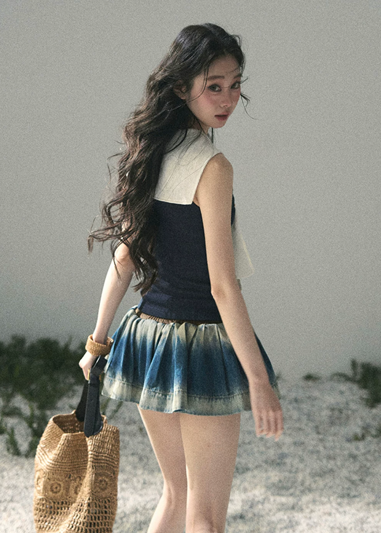 aomalm top, navy sleeveless top, collegiate style top, korean fashion top, layered look top, scarf neck top, slim fit summer top, feminine navy top, cropped summer top, korean summer outfit, elegant casual top, sleeveless knit top women