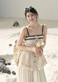 aomalm top, pleated cami top, seafoam summer top, korean fashion top, feminine summer blouse, contrast trim cami, peplum summer top, french style top women, slim fit cami top, elegant casual top, summer date outfit top, soft girl summer top