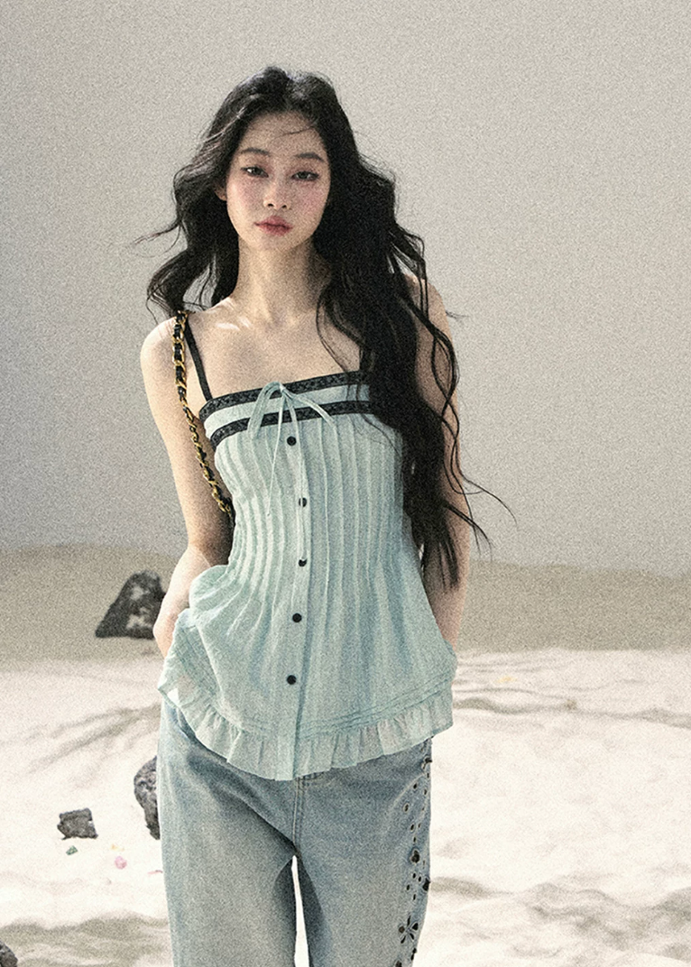 aomalm top, pleated cami top, seafoam summer top, korean fashion top, feminine summer blouse, contrast trim cami, peplum summer top, french style top women, slim fit cami top, elegant casual top, summer date outfit top, soft girl summer top